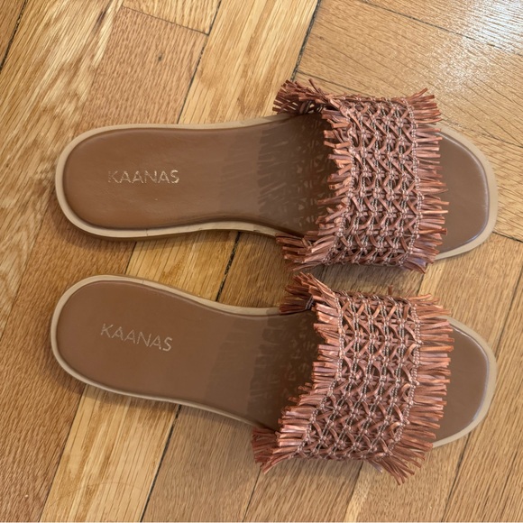 Kaanas Tan Woven Slide Sandals - Picture 1 of 6